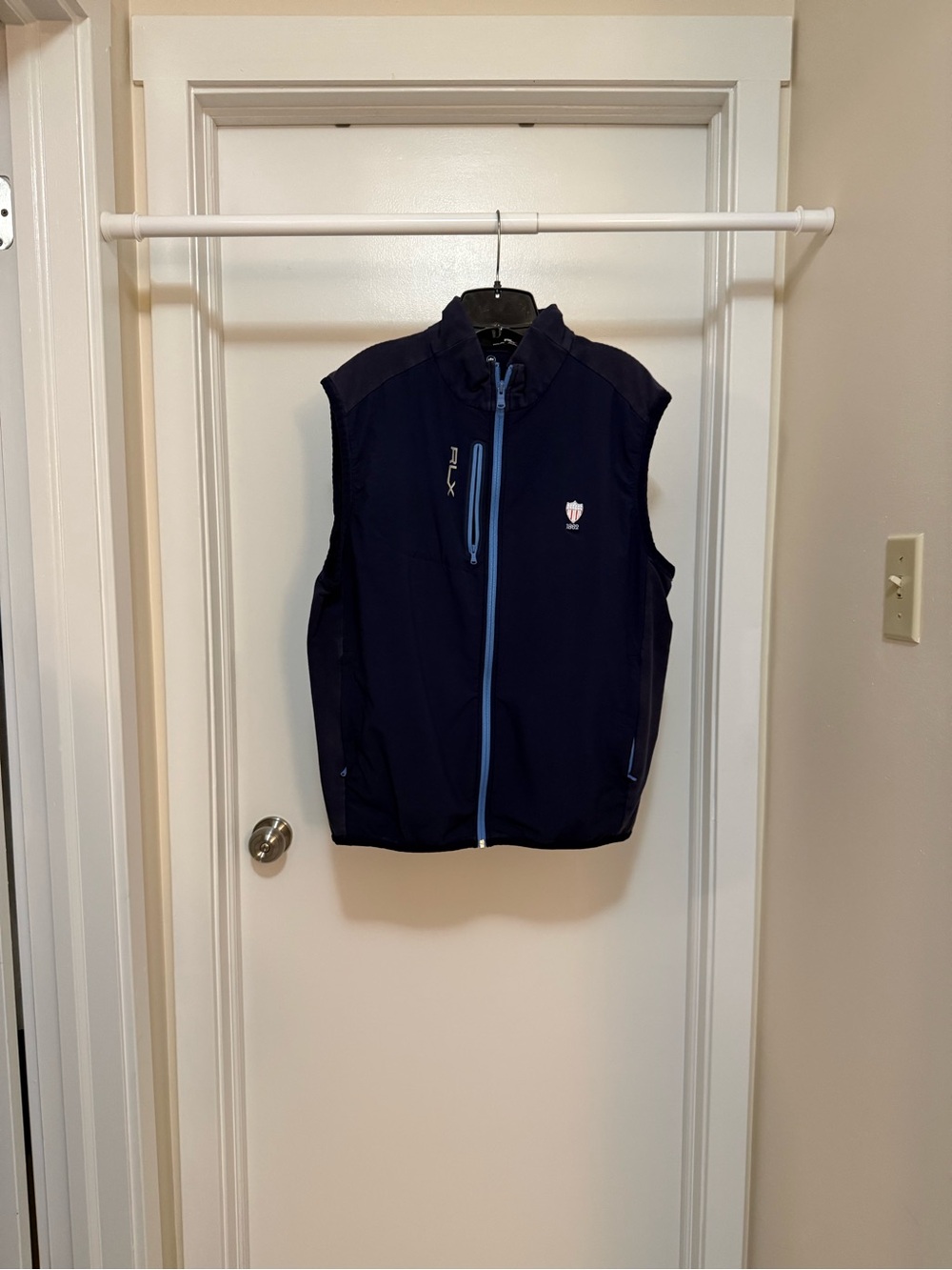 RLX Ralph Lauren Navy Vest with Light Blue Trim Union League Golf